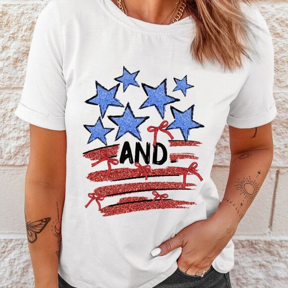 B286 White Patriotic Stars and Stripes Bow Graphic T Shirt - Picture 5 of 6